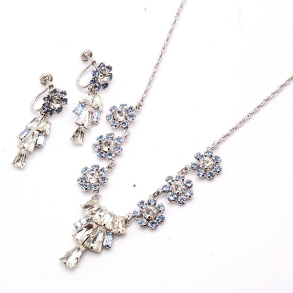 Vintage 50's Star-Art Sterling Marked Rhinestones Fancy Bridal Necklace Set - Picture 1 of 8